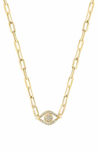 14k Gold Plated Diamond Evil Eye Paper Clip Necklace