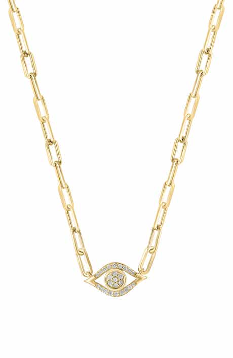 14k Gold Plated Diamond Evil Eye Paper Clip Necklace