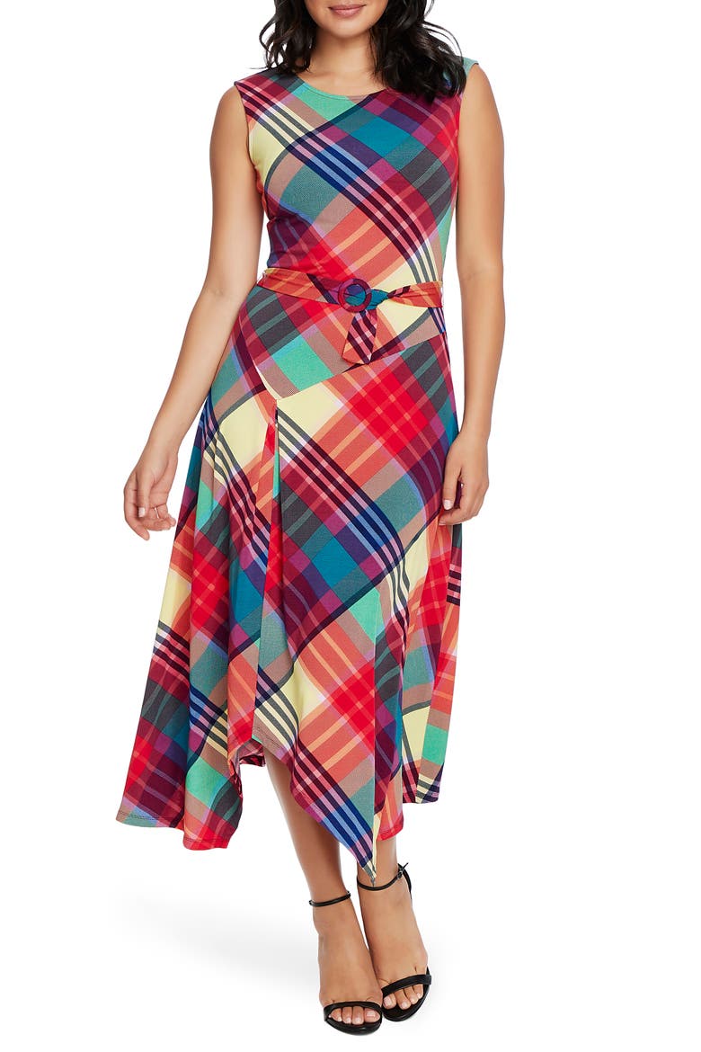 Plaid Asymmetrical Belted Dress, Main, color, EVENING NAVY