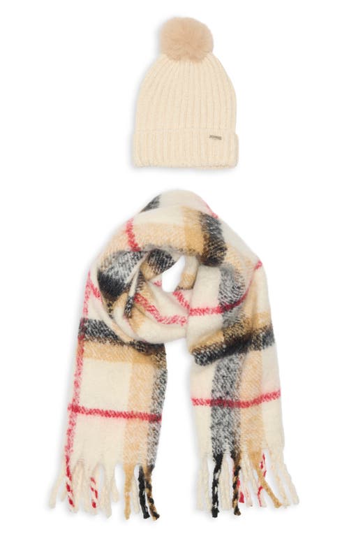 Steve Madden Plaid Scarf & Chenille Beanie Gift Set In White