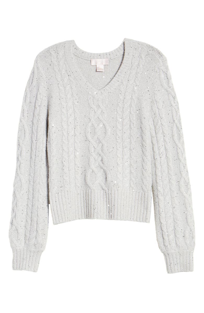 Rachel Parcell Sequin Cable Knit Puff Sleeve Sweater, Alternate, color, 