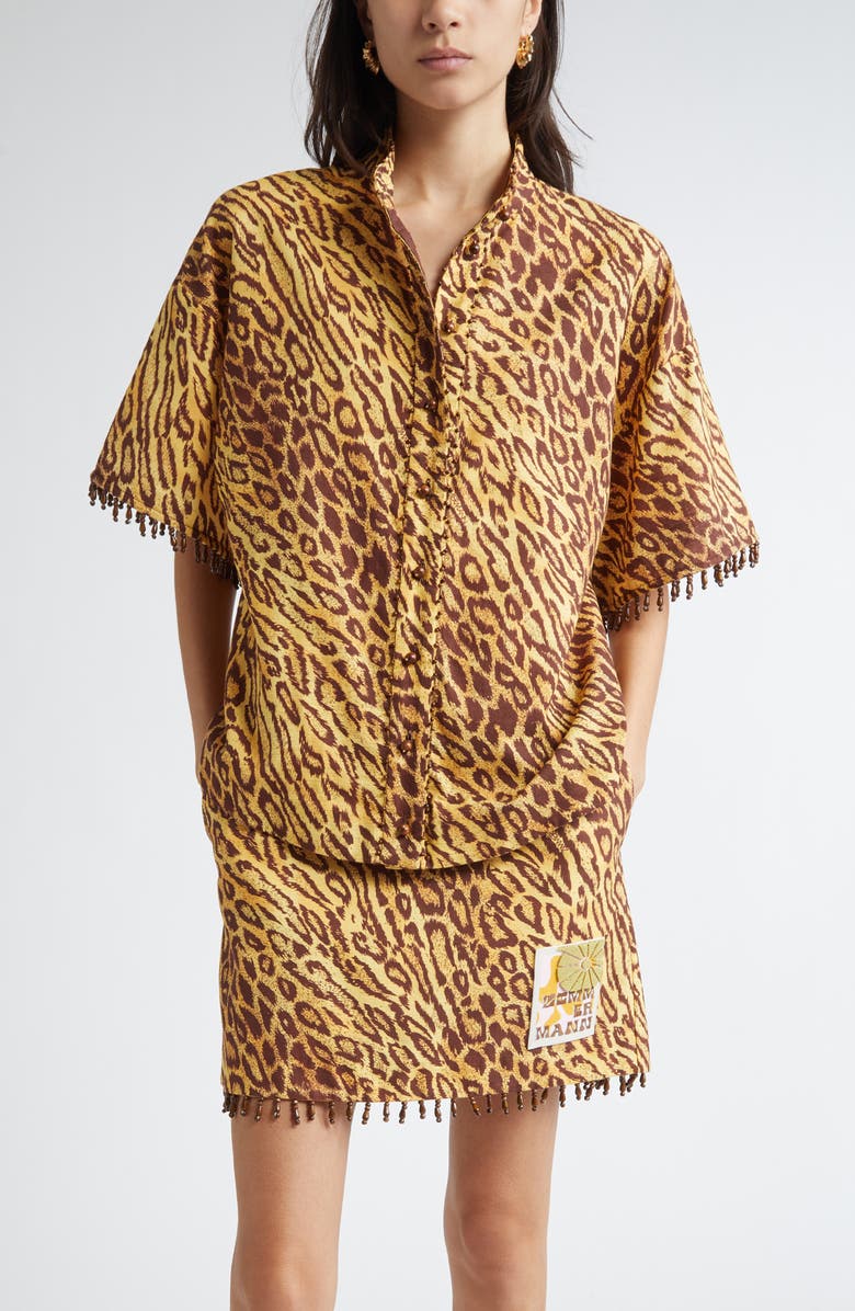 Zimmermann Coco Leopard Print Beaded Fringe Shirt, Main, color, Leopard