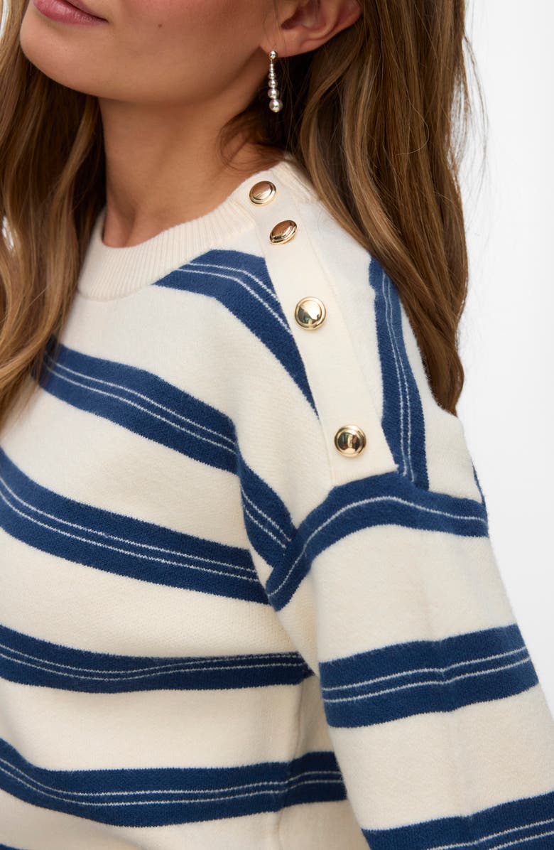 VERO MODA Stripe Button Shoulder Crop Sweater, Alternate, color, Birch/ Dark Blue