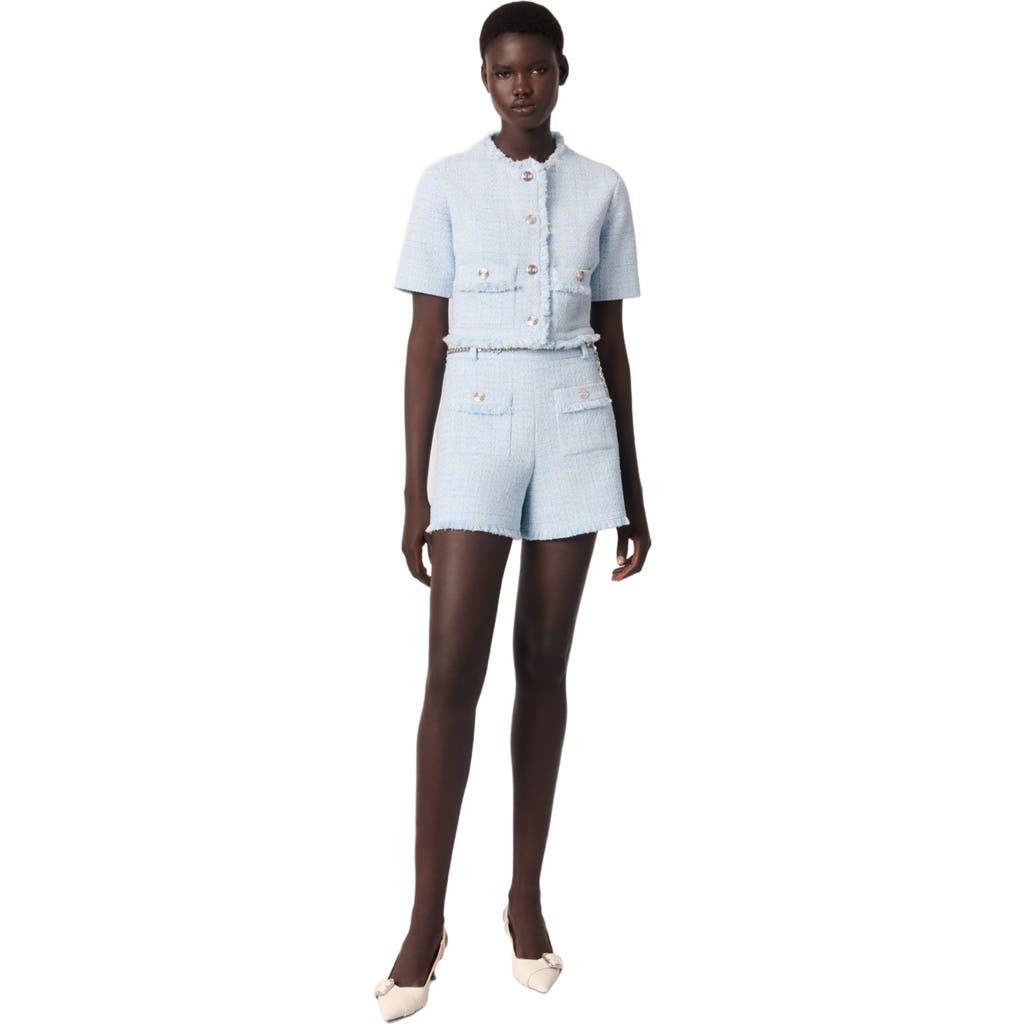 Maje Tweed Shorts With Belt In Blue Sky