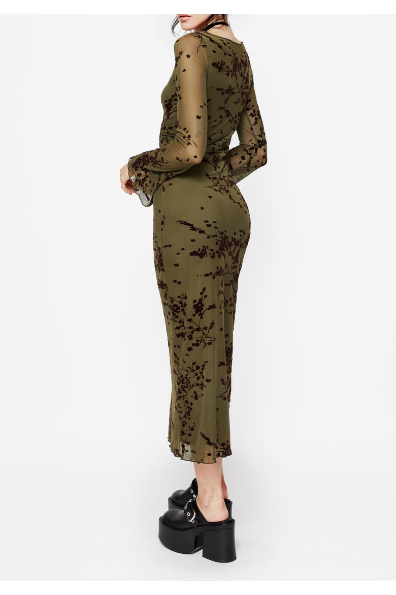 Jael Flocked Devoré Midi Dress, Alternate, color, Green
