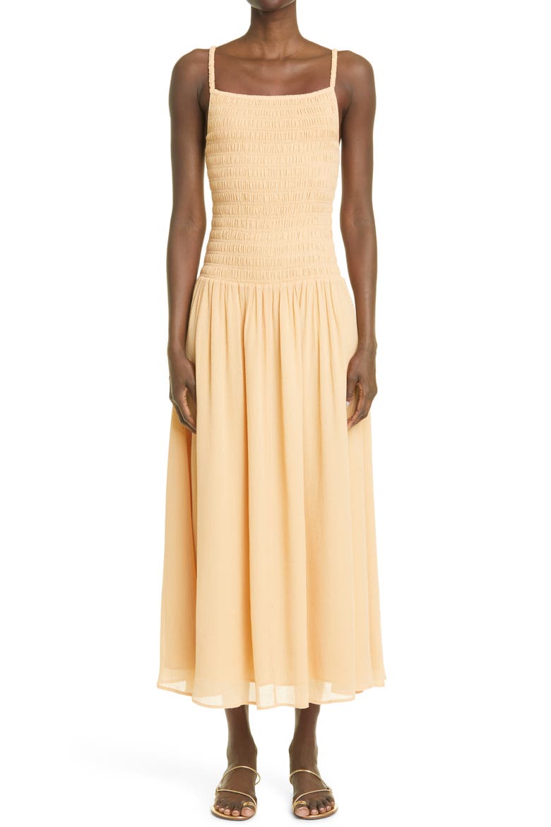 Totême Long Smocked Dress, Main, color, CAFE AU LAIT