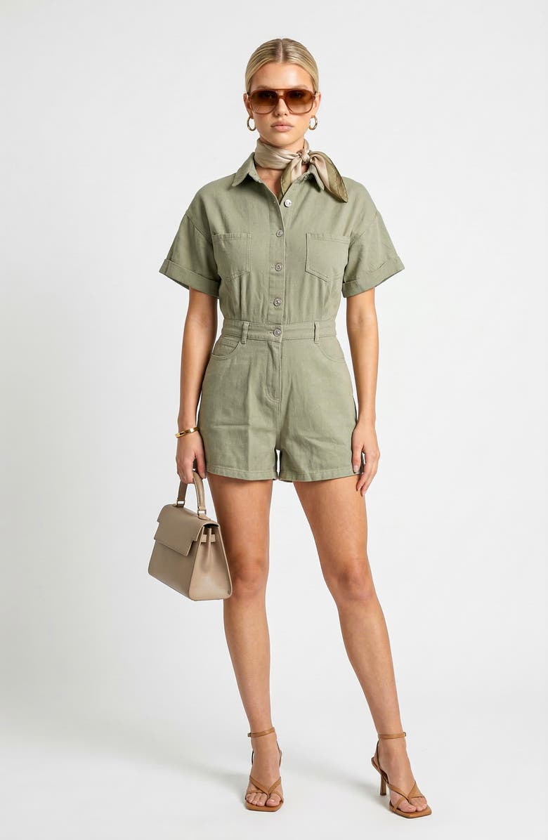Knit & Lounge Short Sleeve Utility Romper with Button Front and Patch Pockets, Alternate, color, Green