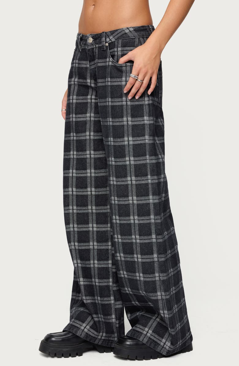 EDIKTED Kailani Plaid Low Rise Baggy Wide Leg Jeans, Alternate, color, Black