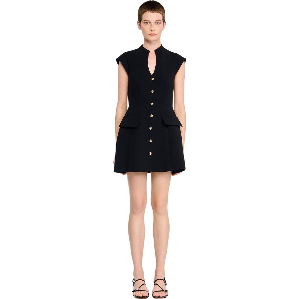Sandro Womens Black Capped-sleeves Buttoned Knitted Mini Dress In Black