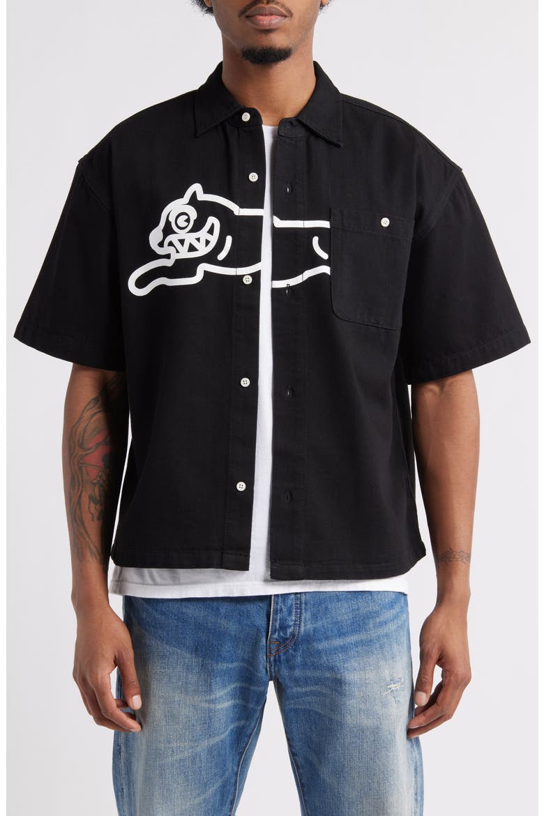 Running Dog Short Sleeve Denim Graphic Button-Up Shirt, Main, color, BLACK CARAMEL