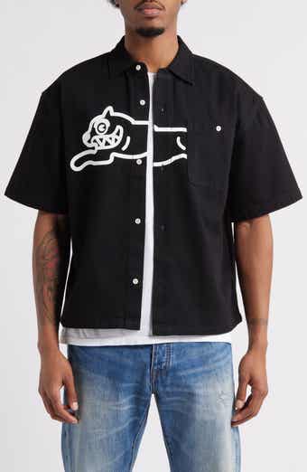 ICECREAM Running Dog Short Sleeve Denim Graphic Button-Up Shirt