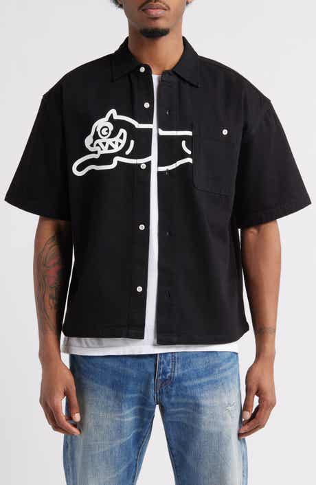 ICECREAM Running Dog Short Sleeve Denim Graphic Button-Up Shirt