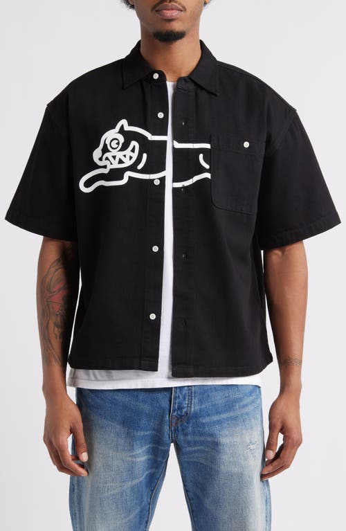 ICECREAM ICECREAM RUNNING DOG SHORT SLEEVE DENIM GRAPHIC BUTTON-UP SHIRT 