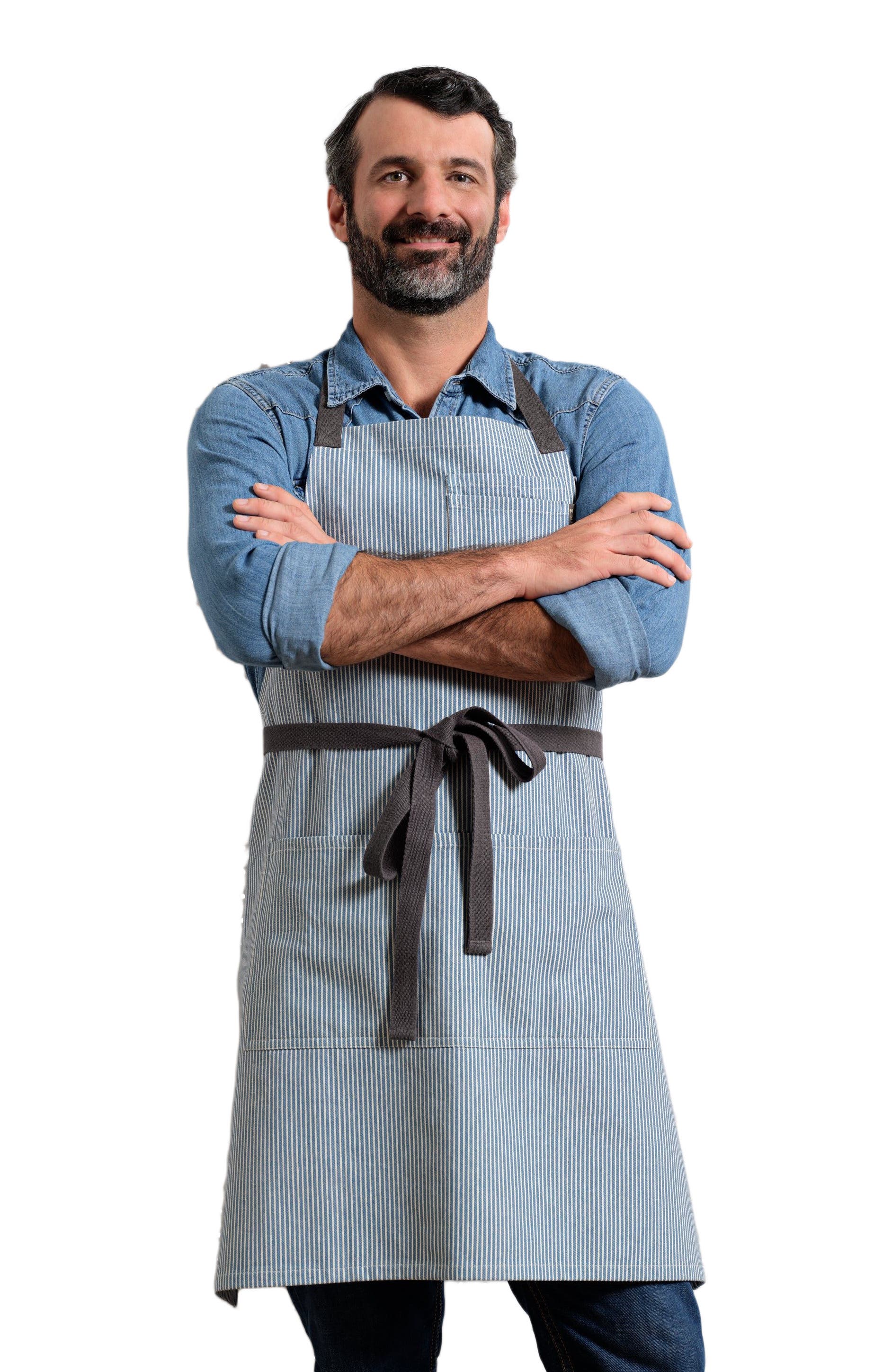 Meema Bib Apron with Pockets - Pinstriped in Blue 