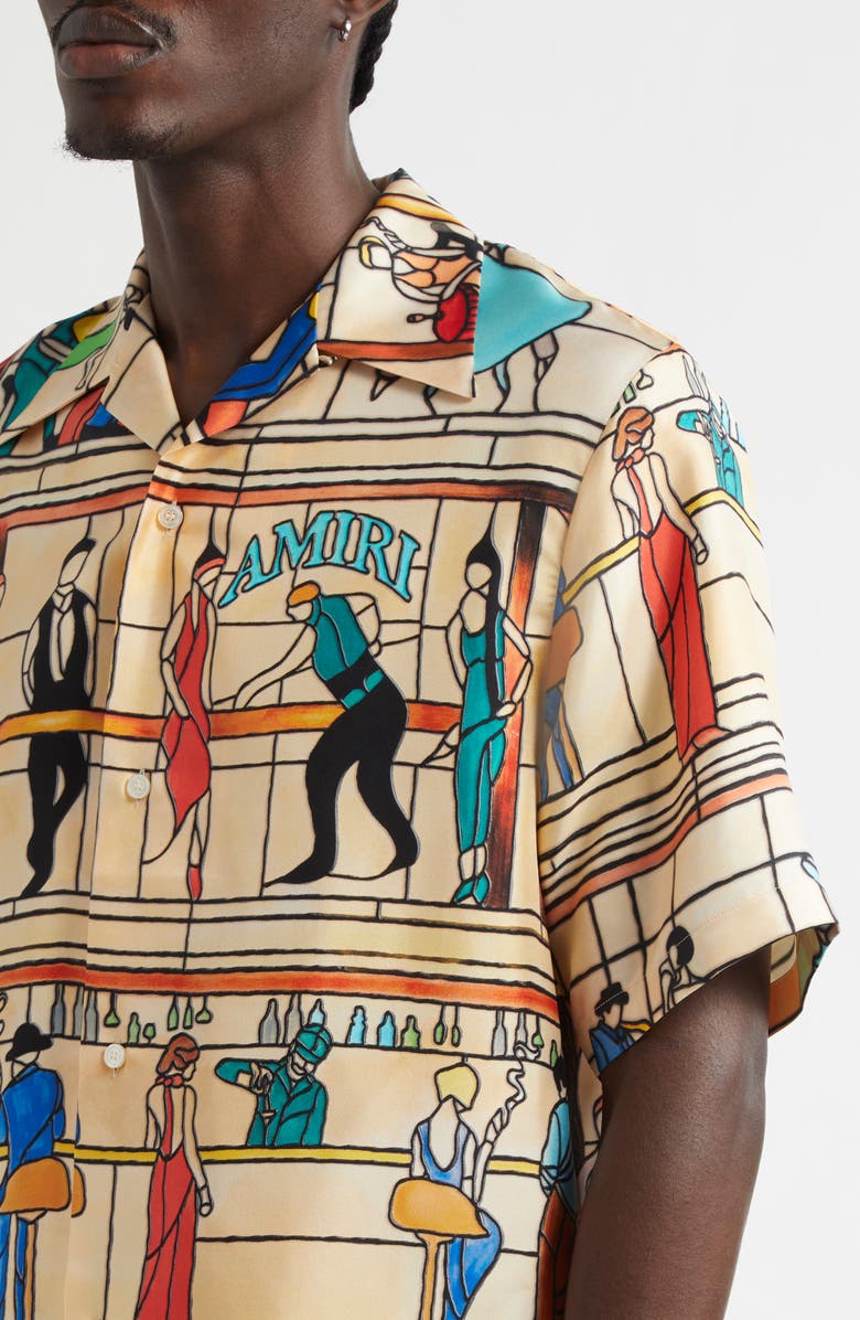 AMIRI Pool Hall Print Camp Shirt, Alternate, color, Sand
