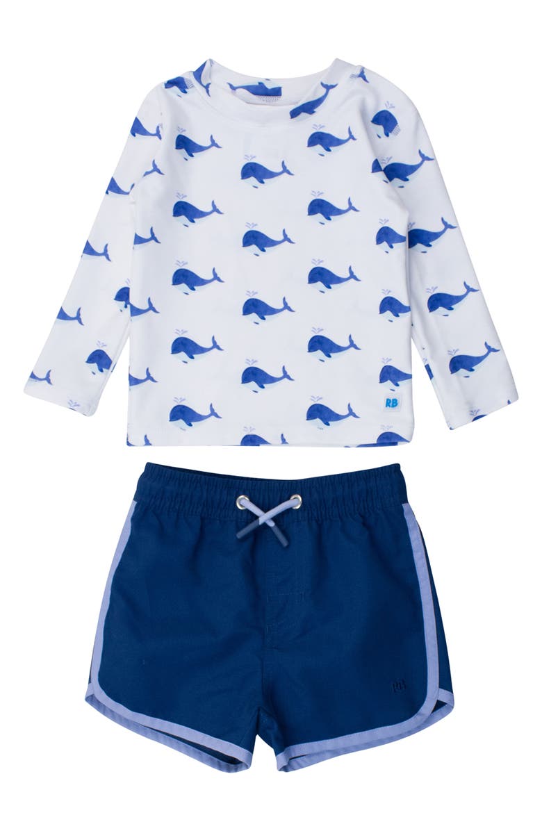 RuggedButts Whale Print Long Sleeve Rashguard & Swim Trunks Set, Main, color, 