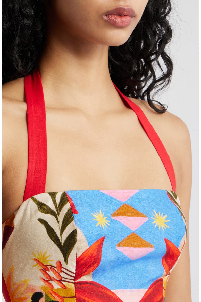 Keely Mixed Print Linen Blend Halter Neck Dress, Alternate, color, BRIGHT HAVANA