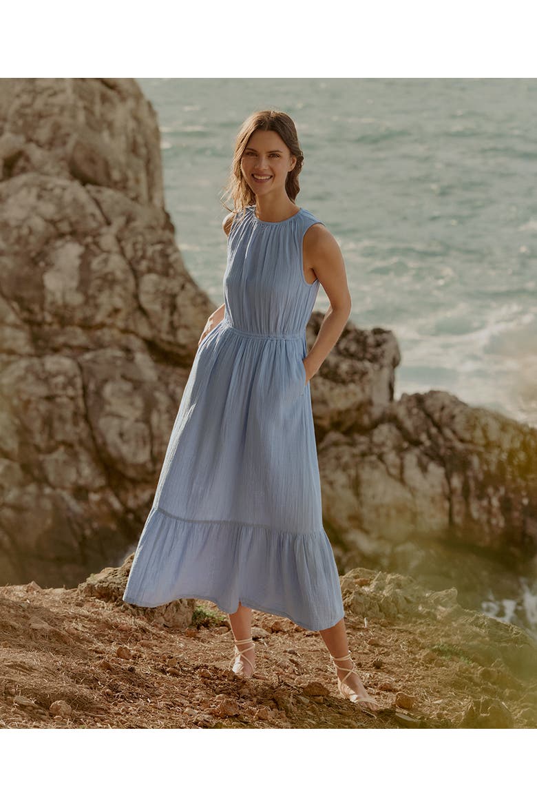 Organic Cotton Coastal Double Gauze Tiered Midi Dress, Alternate, color, Cornflower Blue