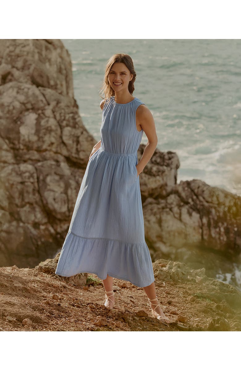 Pact Organic Cotton Coastal Double Gauze Tiered Midi Dress, Alternate, color, Cornflower Blue
