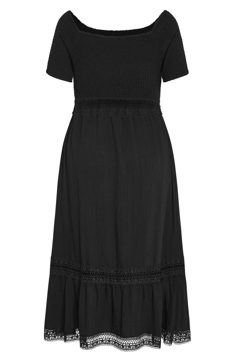 City Chic Aura Smocked Off-the-Shoulder Midi Dress, Alternate, color, Black