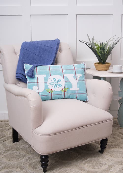 C & F Home C&f Home Plaid "joy" Holly Branch Sand Dollar Embroidered Pillow, 14" X 22" In Blue