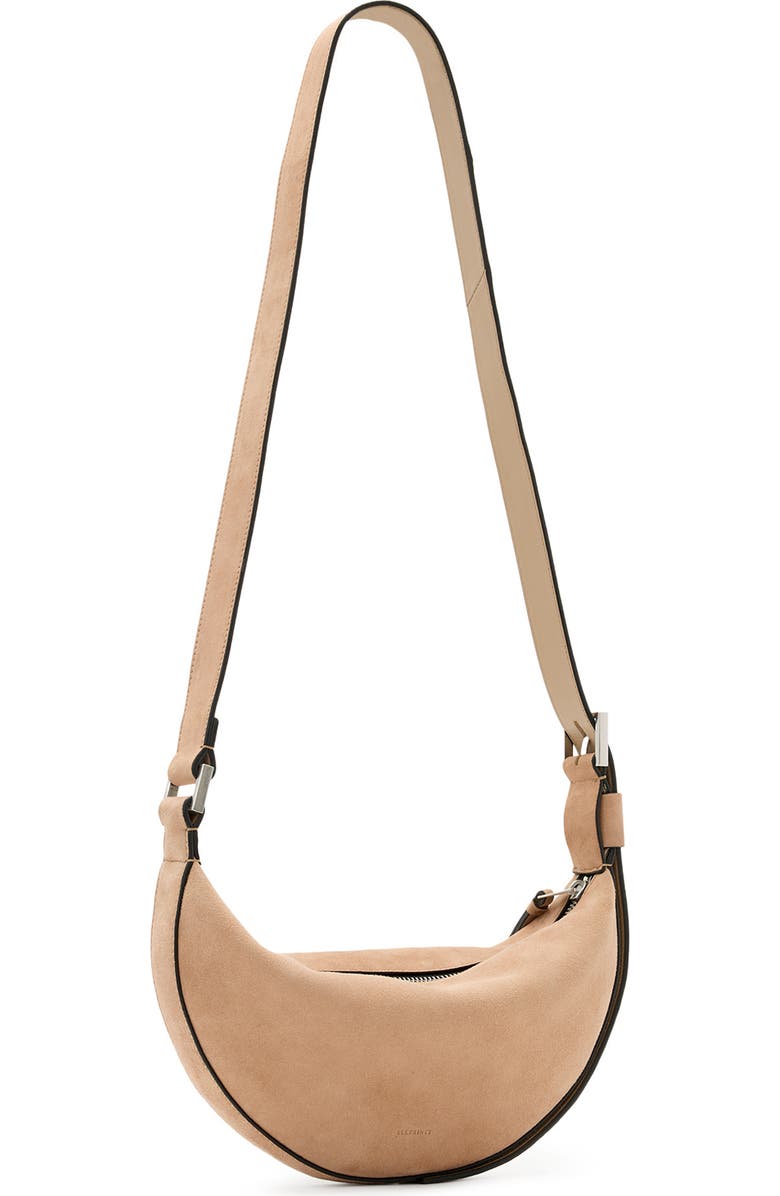 AllSaints Half Moon Suede Crossbody Bag, Main, color,