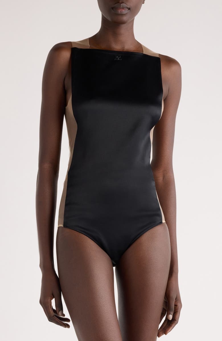 Courrèges Illusion Inset Satin Bodysuit, Alternate, color, 