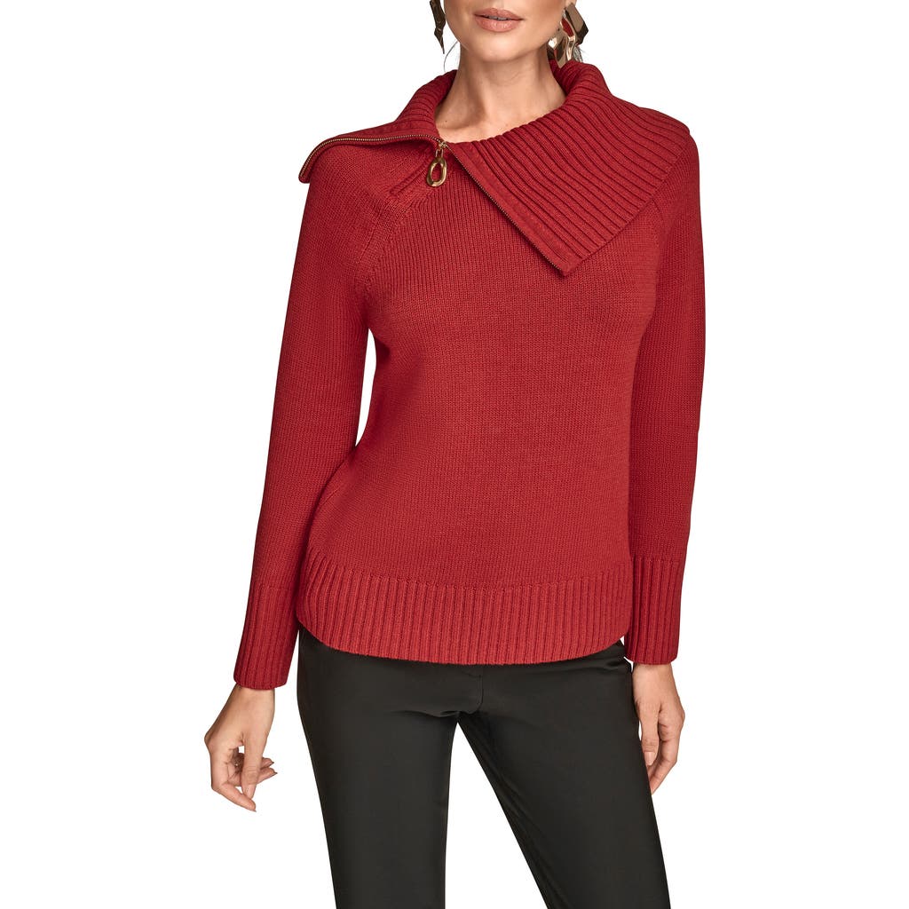 Donna Karan New York Asymmetric Zip Collar Sweater In Red