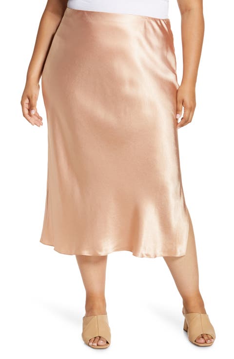 Side Slit Satin Midi Skirt (Plus Size)