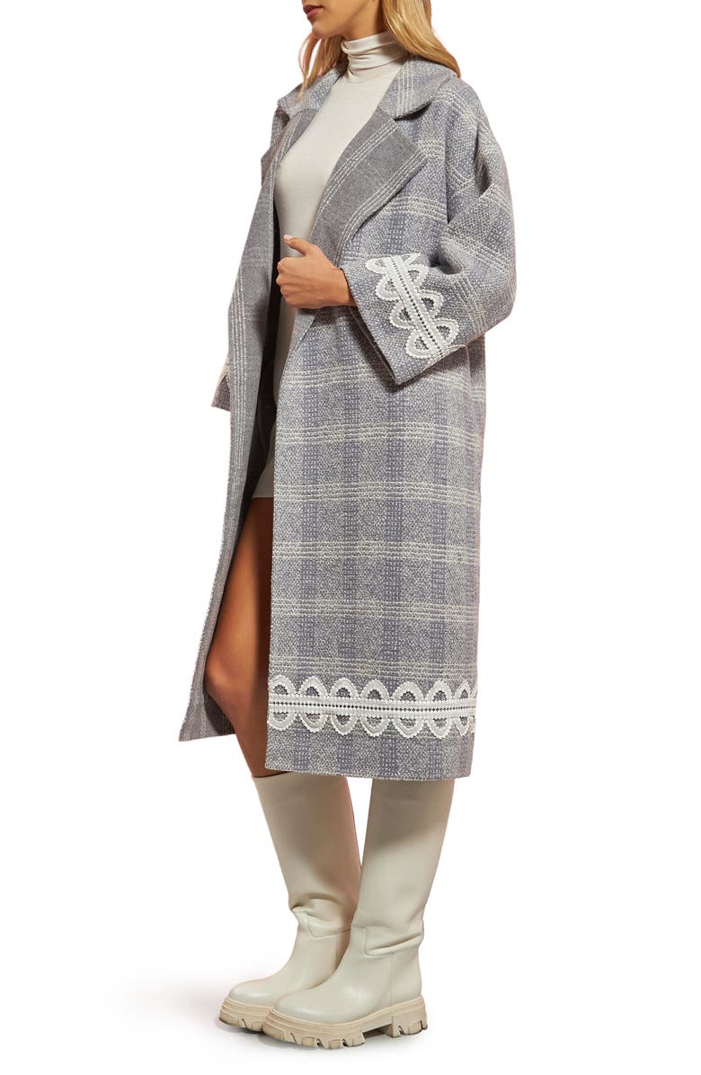 English Factory Premium Plaid Wool Blend Long Wrap Coat, Alternate, color, Grey