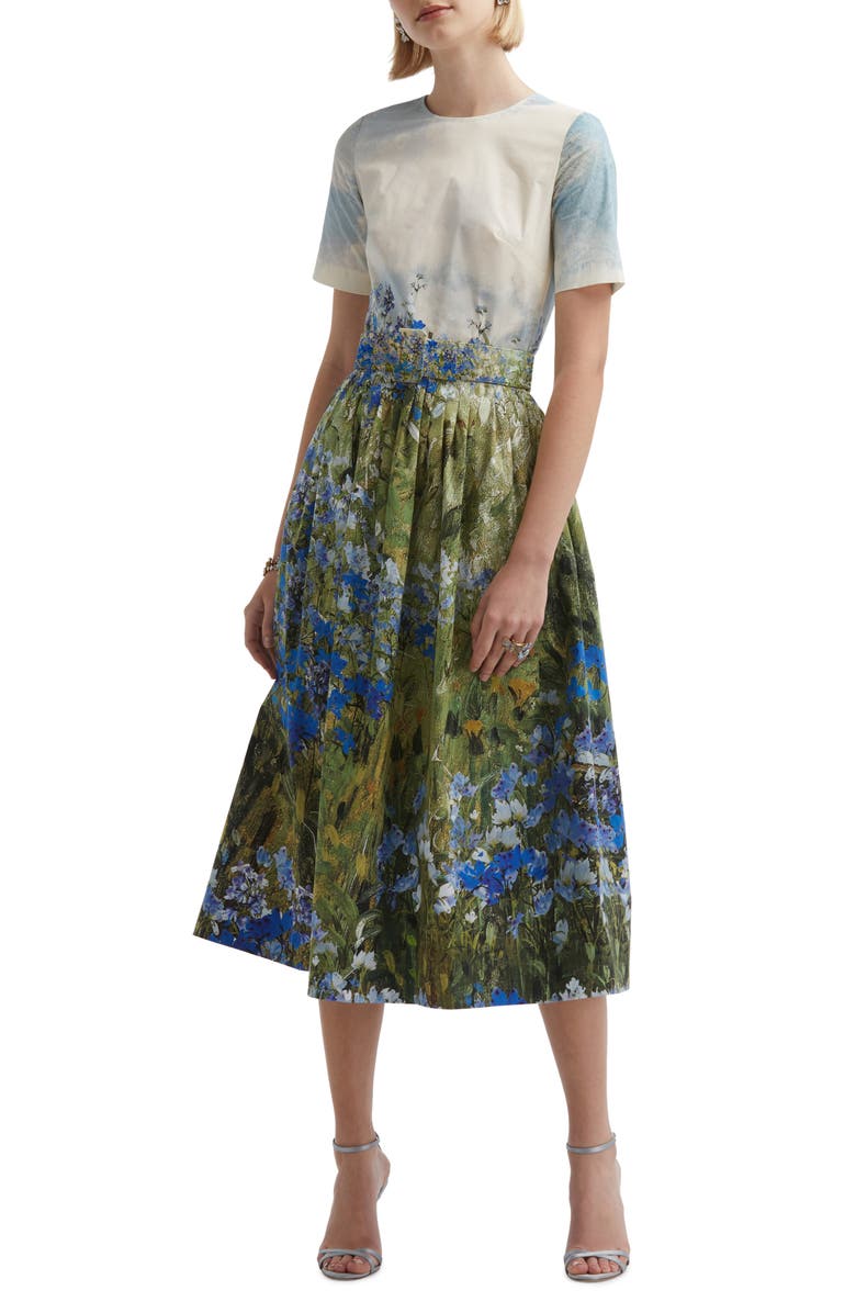Oscar de la Renta Floral Field Belted Stretch Cotton Dress, Main, color, 