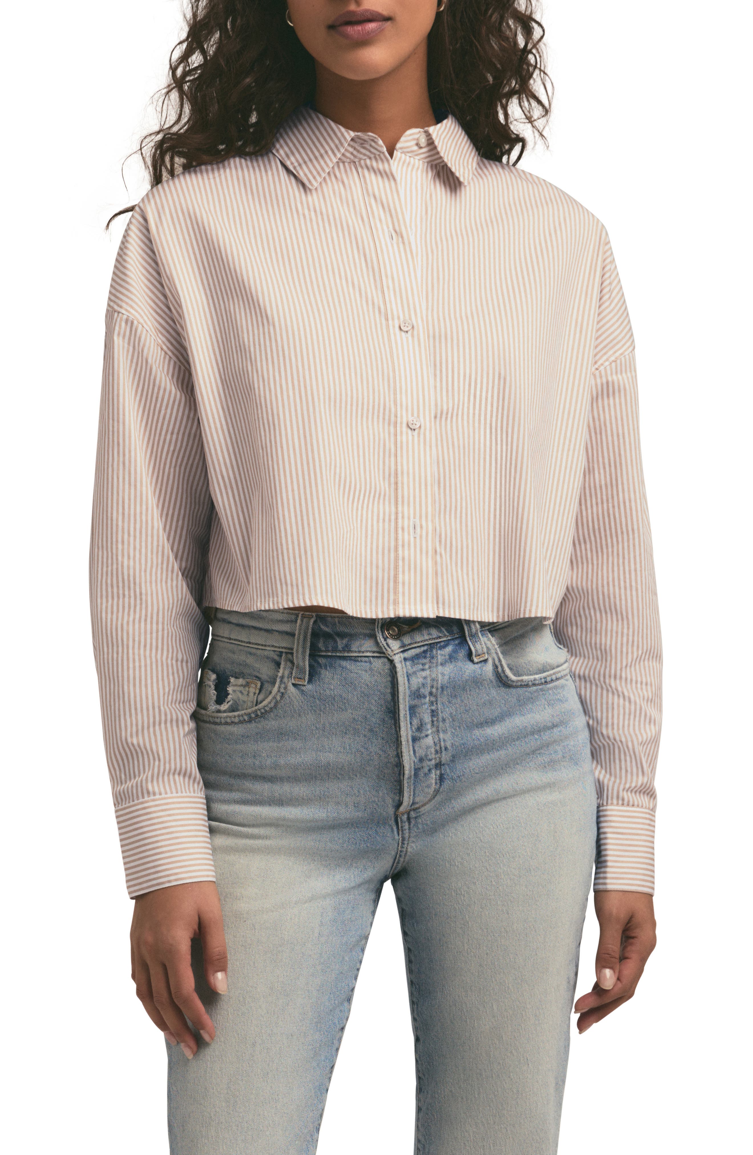 Favorite Daughter The Crop Stripe Cotton Button-Up Shirt