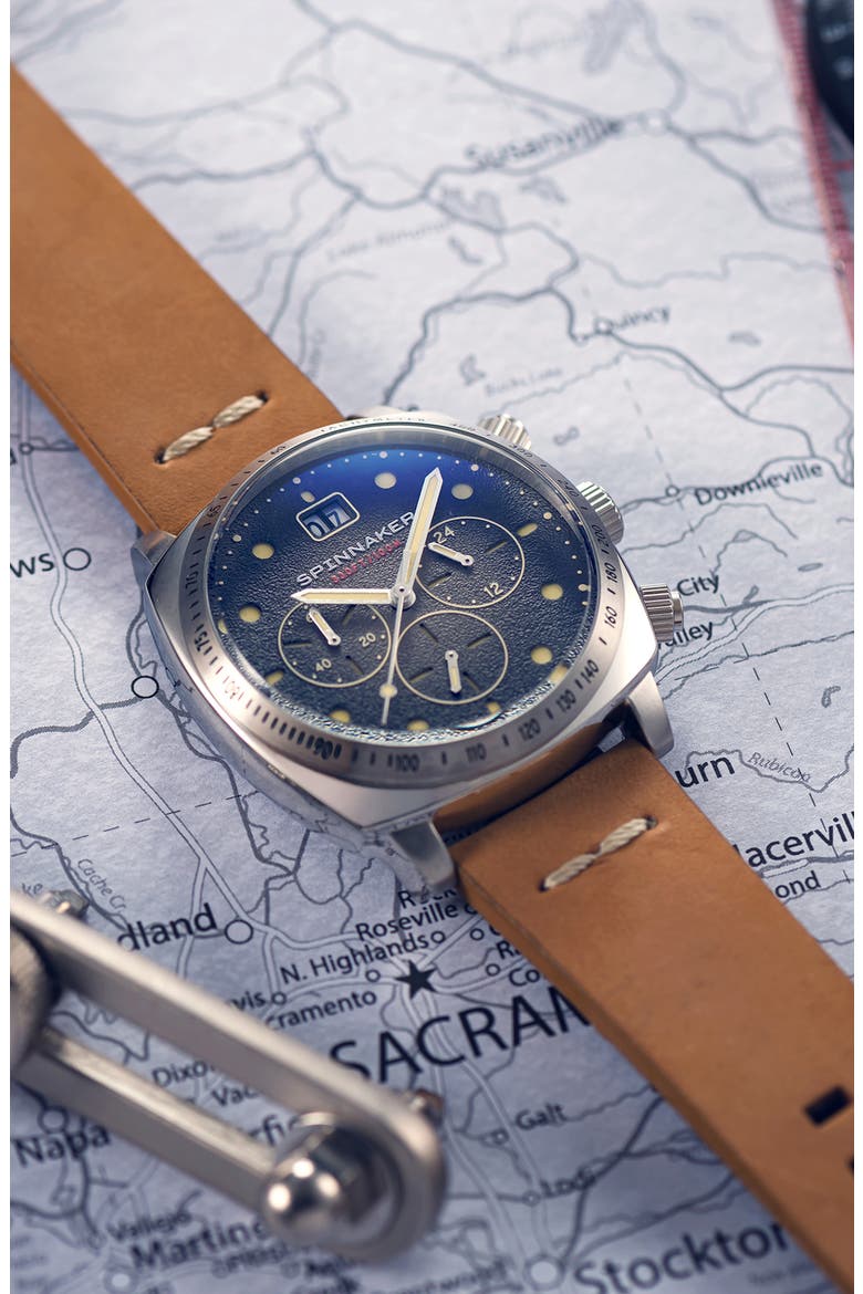Hull Chronograph Leather Strap Watch, 42mm, Alternate, color, BLACK BLUE DIAL