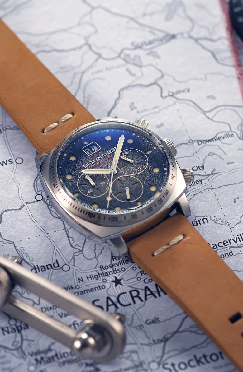 SPINNAKER Hull Chronograph Leather Strap Watch, 42mm, Alternate, color, Black Blue Dial