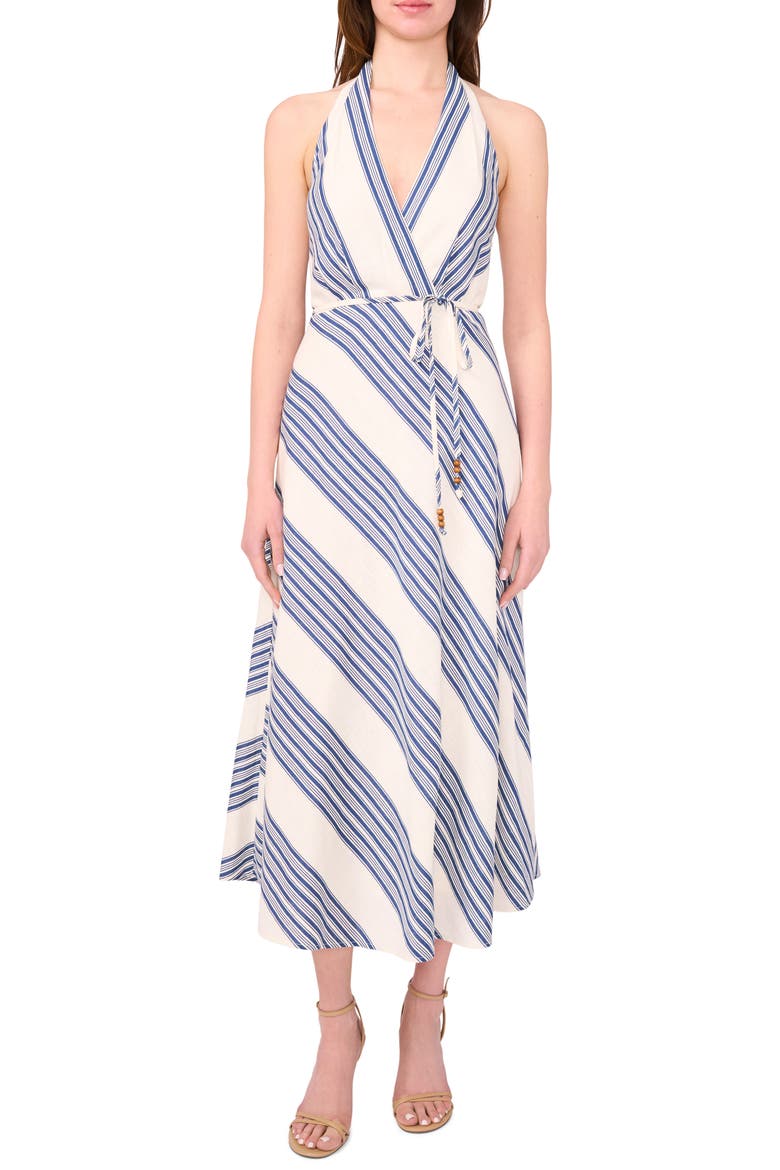 Halter Faux Wrap Midi Dress, Main, color, DENIM/ IVORY