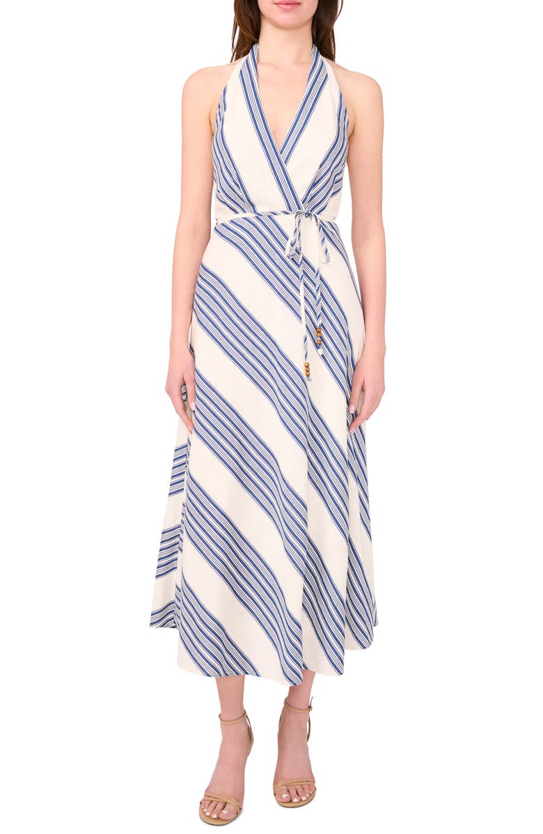 Halogen<sup>®</sup> Halter Faux Wrap Midi Dress, Main, color, Denim/ Ivory