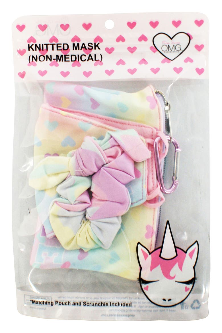 OMG Kids' Love & Hearts Face Mask, Scrunchie & Pouch Set, Alternate, color, PINK