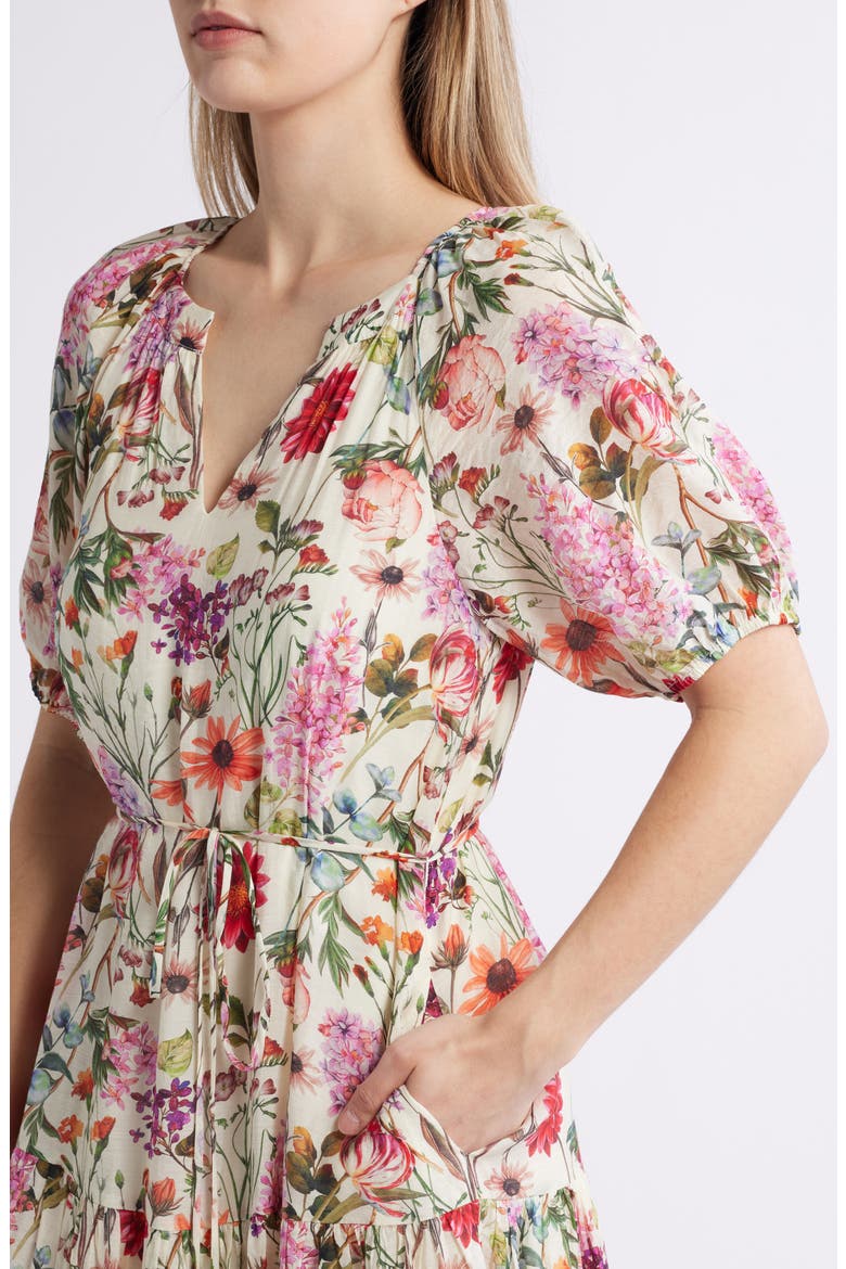Floral Puff Sleeve Midi Dress, Alternate, color, IVORY MULTI
