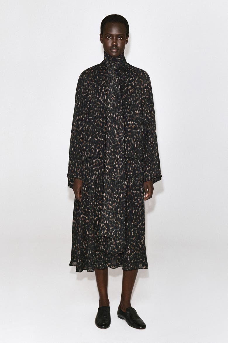Leopard-Print Fluid Scarf-Detail Dress, Alternate, color, BROWN / LEOPARD PRINT
