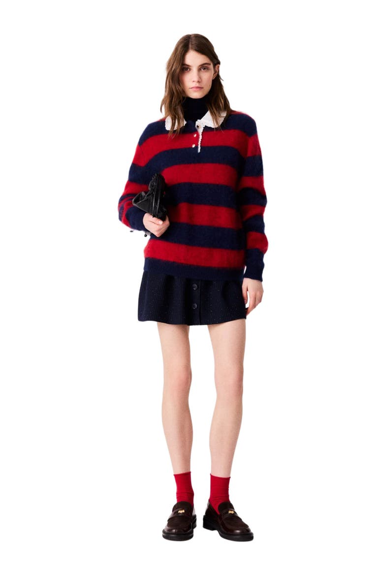 Fluffy sweater with poplin collar, Main, color, Navy/red