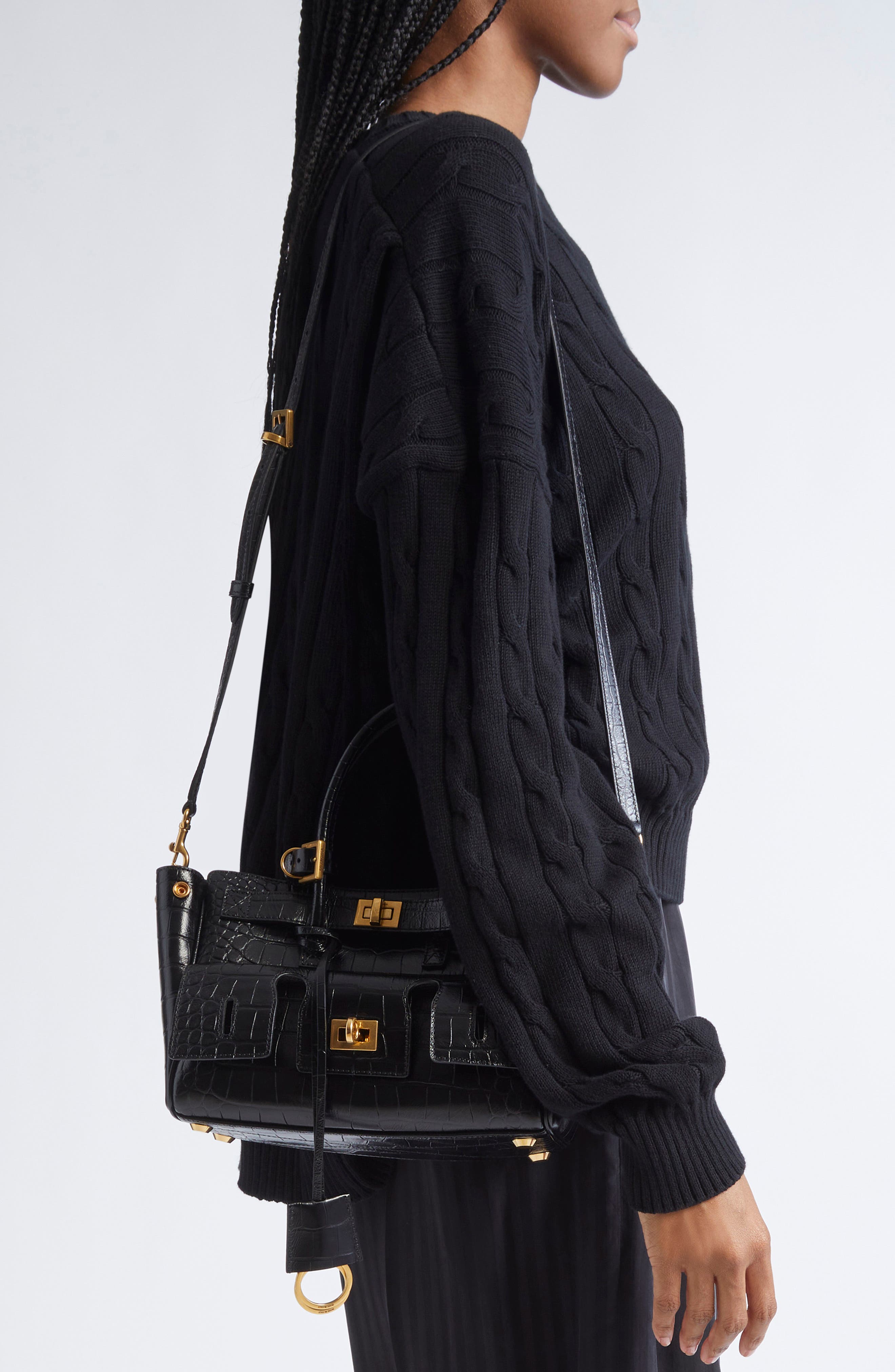 Balenciaga Mini Bel Air Croc Embossed Leather Carry All Tote, Alternate, color, Black