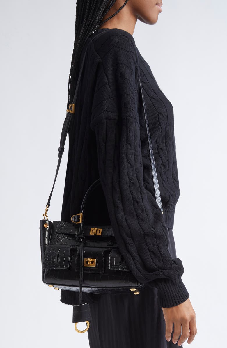 Balenciaga Mini Bel Air Croc Embossed Leather Carry All Tote, Alternate, color, Black