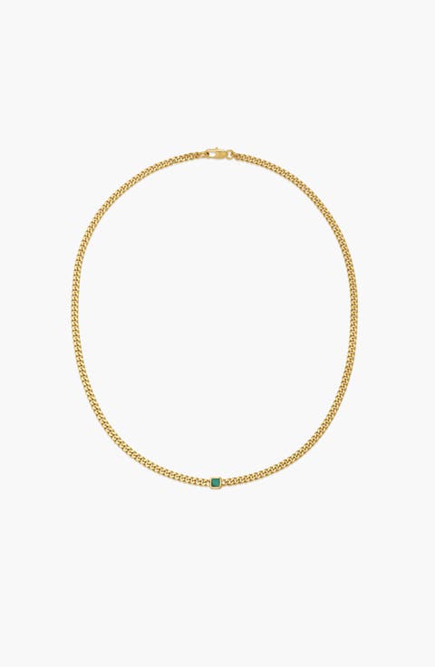 Pea Malachite Stone Curb Chain Short Necklace in Gold
