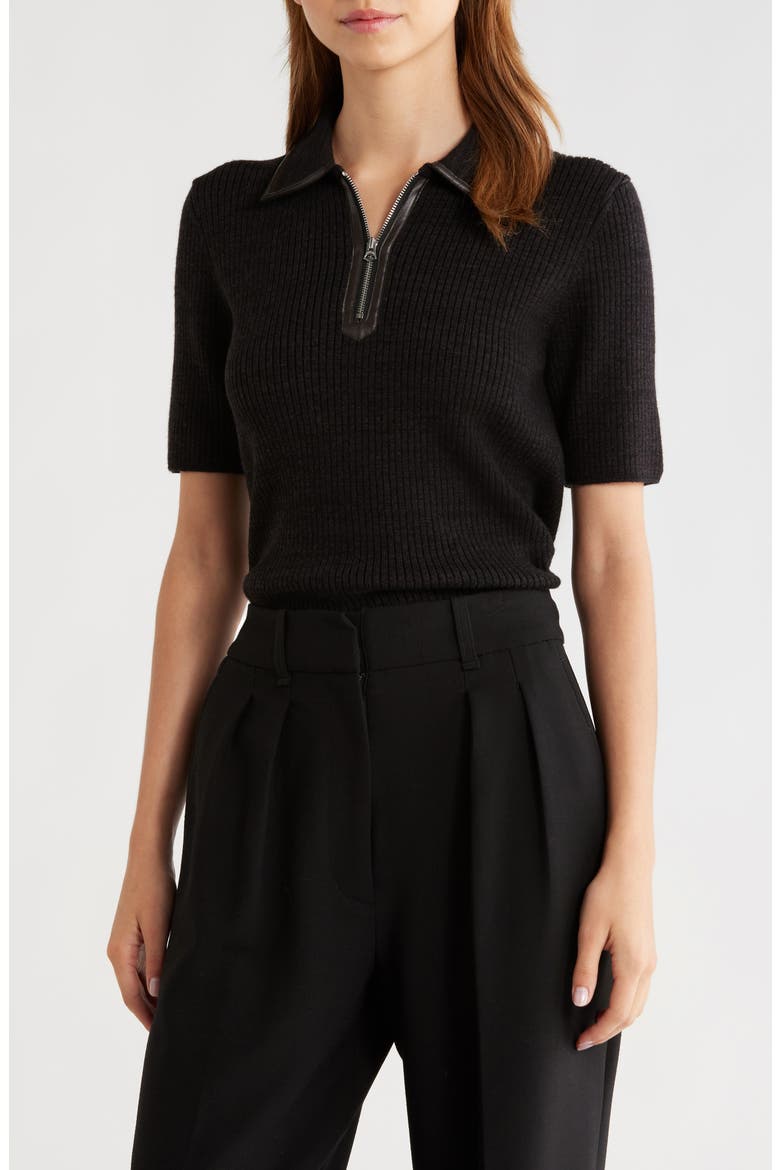 Caterina Faux Leather Piped Rib Wool Blend Sweater Polo, Main, color, DKBRN