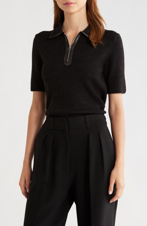 Caterina Faux Leather Piped Rib Wool Blend Sweater Polo