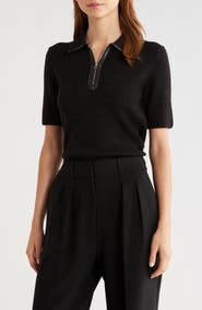 rag & bone Caterina Faux Leather Piped Rib Wool Blend Sweater Polo