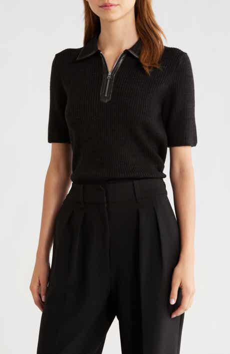 rag & bone Caterina Faux Leather Piped Rib Wool Blend Sweater Polo