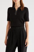 rag & bone Caterina Faux Leather Piped Rib Wool Blend Sweater Polo