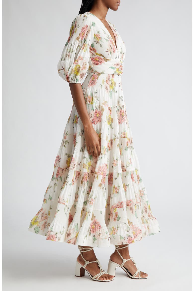 Pleated Tiered Midi Dress, Alternate, color, CORAL FLORAL