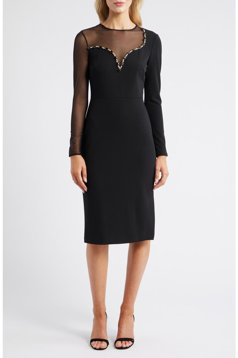 Long Sleeve Beaded Crepe Midi Dress, Main, color, BLACK